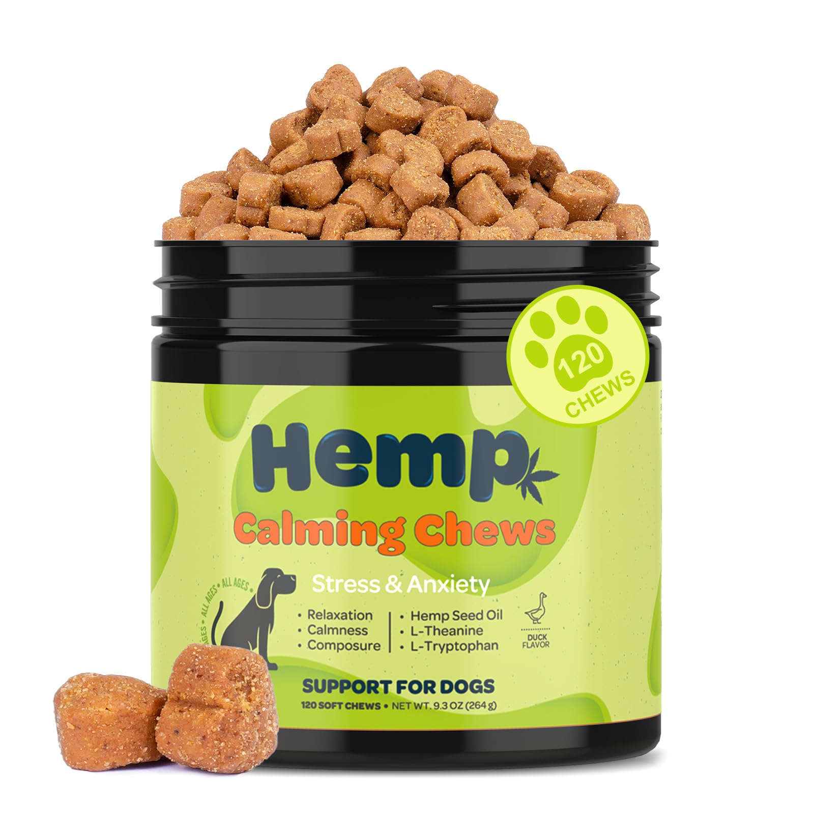 GreyMuzzle Calming Chews for senior dogs, hemp soft chews jar, 120 count duck flavor